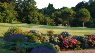 Massif de fleurs colorées et coin détente sous les pins parasols avec vue sur la campagne .